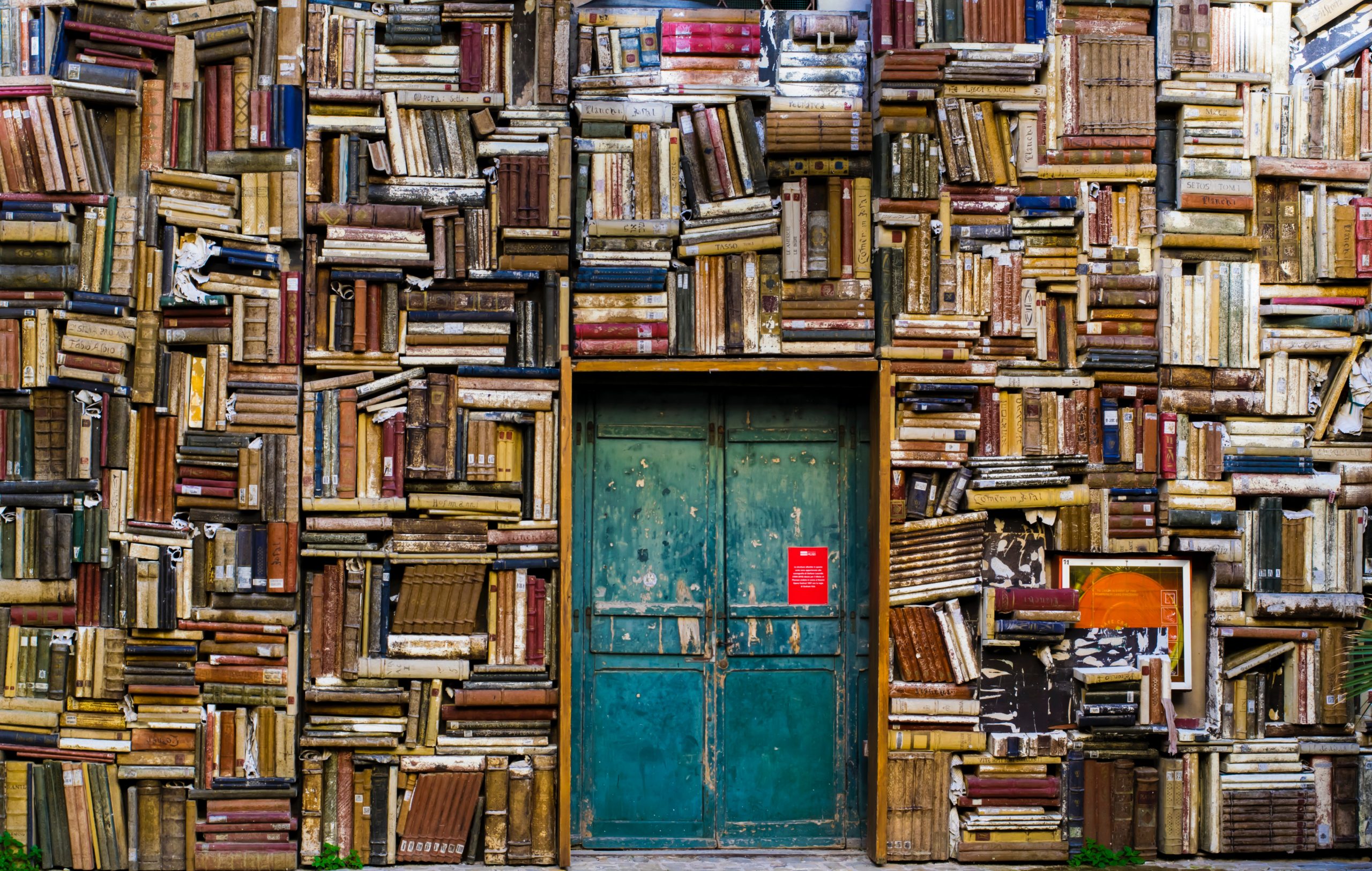wall of books in italy
