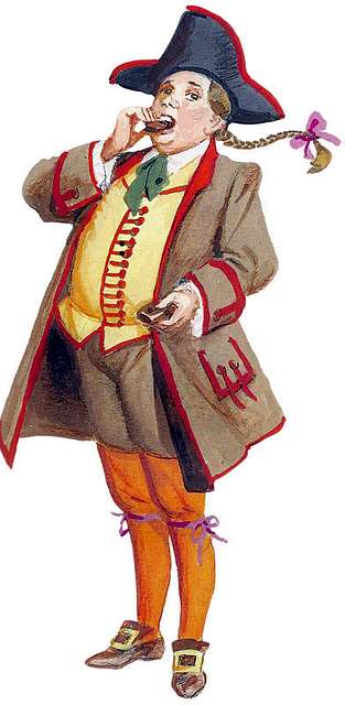 An old print of the gianduja character eating chocolate, a symbol of Torino